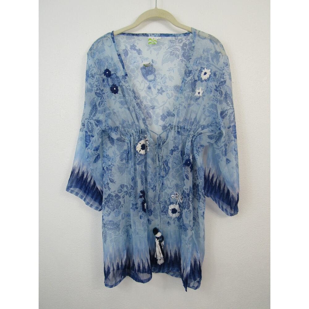 NWT Castaways Large Blue Semi Sheer Floral Embroidered Beaded Swim Suit Cover Up